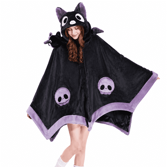 Cute Bat Blanket Hoodie,Wearable Bat Blanket Adult for Halloween Cosplay,Hoodie Women Throw Cloak Wrap with Demon Wings for Men Child Student