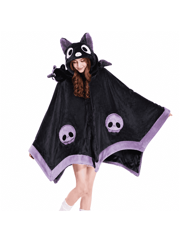 Cute Bat Blanket Hoodie,Wearable Bat Blanket Adult for Halloween Cosplay,Hoodie Women Throw Cloak Wrap with Demon Wings for Men Child Student