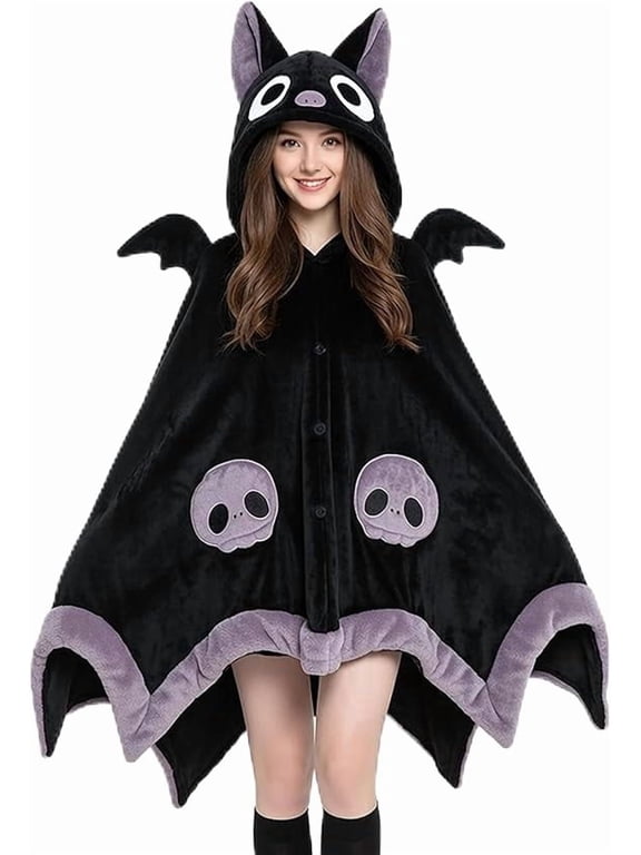 Cute Bat Blanket Hoodie, Wearable Universal sizing Bat Blanket Adult for Halloween Cosplay, Soft Hooded Bat Cape for Women (lxf
