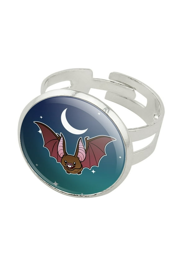 Cute Bat Cartoon Flying at Night Silver Plated Adjustable Novelty Ring
