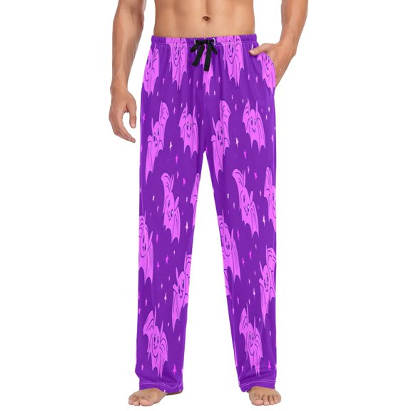 Cute Bat Cartoon Pattern Mens Cotton Pajama Pants Long Staple Lightweight Sleep Bottoms with Pockets Breathable
