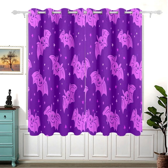 Cute Bat Cartoon Pattern Thermal Blackout Curtains 63x55 Inch 2 Panels Grommet Window Drapes for Bedroom Living Room