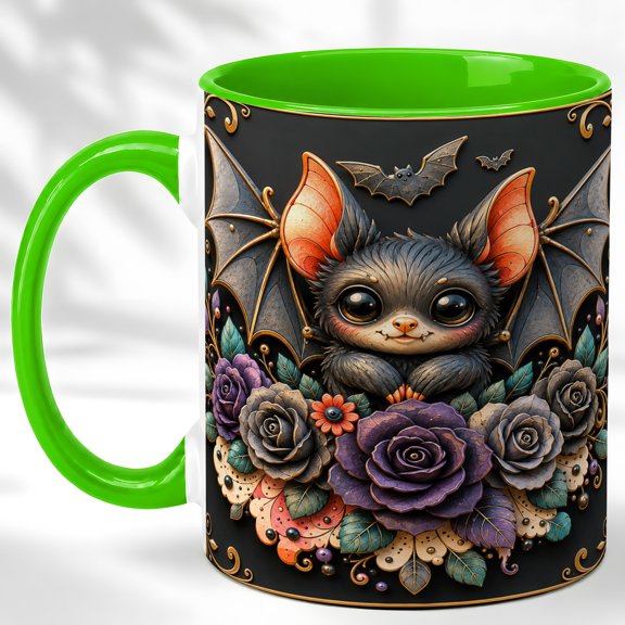 Cute Bat Coffee Mug, Gothic Floral Mug, Ceramic 11 oz