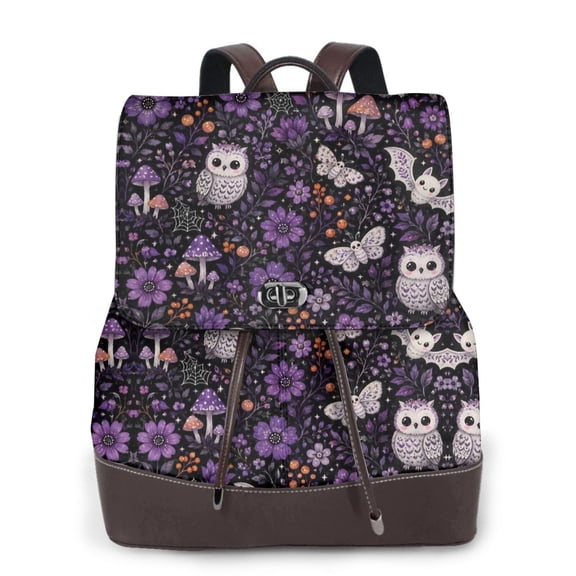 Cute Bat Owl Women's Leather Backpack All-Over Print Bag for Work and Travel