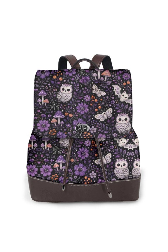 Cute Bat Owl Women's Leather Backpack All-Over Print Bag for Work and Travel