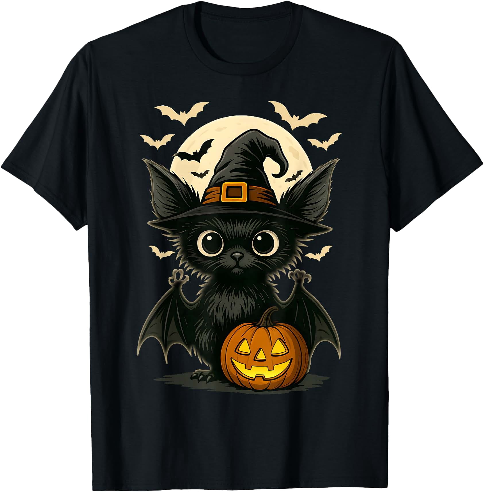 Cute Bat Wearing Witch Hat with Moon and Bats Halloween Bat T-Shirt ...