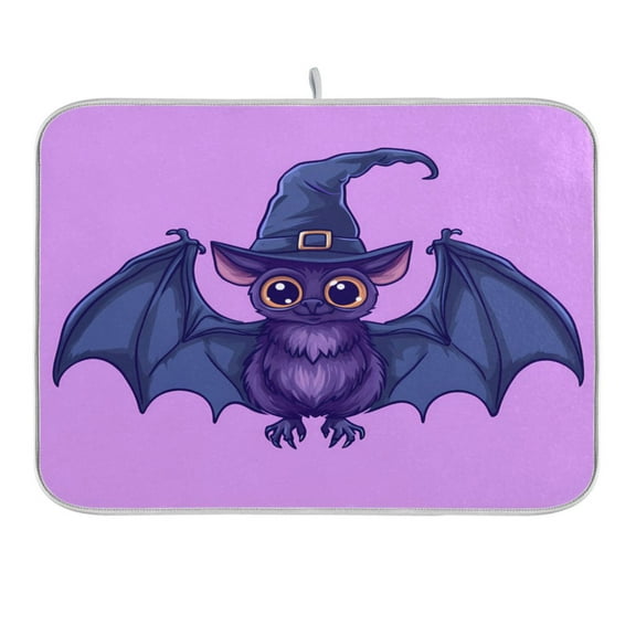 Cute Bat with Wizard Hat Dish Drying Mat for Kitchen Counter 16x18 In Absorbent Microfiber Reversible Mats Dish Drainer Protector Rack Pad for Coffee Bar Table