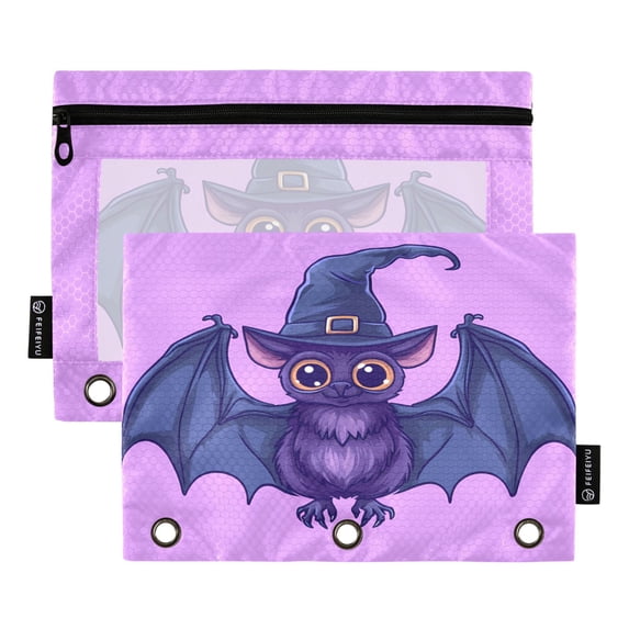 Cute Bat with Wizard Hat 2 Pack Pencil Pouch for 3 Ring Binder Smooth Zipper Folders with Pockets Clear Window Pencil Case