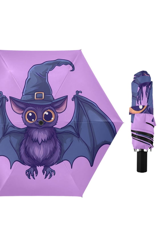 Cute Bat with Wizard Hat Compact Sun Umbrella Windproof Travel Umbrellas for Rain Strong Portable UV Protection