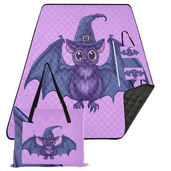 Cute Bat with Wizard Hat Extra Large Picnic Beach Blanket Waterproof Sand Proof Portable Outdoor Mat 80x118