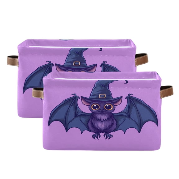 Cute Bat with Wizard Hat Storage Bins with Handle Fabric Organizer Basket Foldable Box 2 Pack 14.2x10.2x8.3