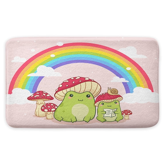 Cute Bath Mat, Kawaii Frog Mushroom Snails Rainbow Bath Rug, Non Slip Bathroom Rug, Pink Cottagecore Bathroom Decor 17x29 Inch