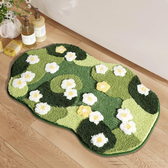 Cute Bath Mat, Moss Rug Soft Green Bathroom Rug, Non Slip Mat Super Absorbent, Floral Nature Bathtub Washable for Shower Floor (Full Bloom, 32" x 20")