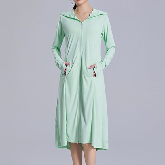 Cute Bathing Suit Cover up Dress Women's Sun-Proof Cover Up Hooded Full Zip Long Dress Knee Length Beach Coverups Cardigan Jackets Green XL