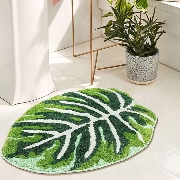 Cute Bathroom Rugs with Green Leaf Plant, Soft, Fluffy, Plush, Absorbent, Quick Dry, Non Slip, Machine Washable for Shower Floor, Bathroom, Bedroom,Kids Room, 14"x22",Monstera