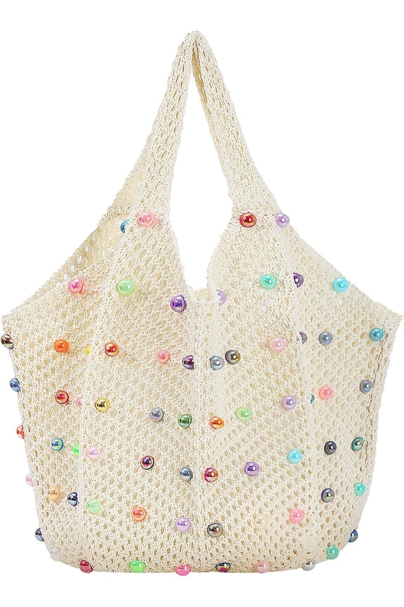Cute Beach Bags for Women Summer Beaded Crochet Tote Boho Woven Mesh Shoulder Handbag for Vacation Travel