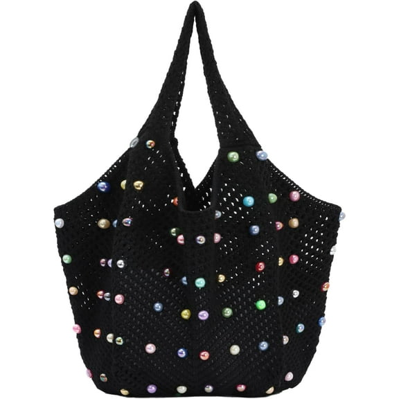 Cute Beach Bags for Women Summer Beaded Crochet Tote Boho Woven Mesh Shoulder Handbag for Vacation Travel