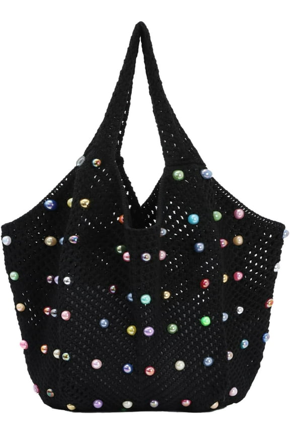 Cute Beach Bags for Women Summer Beaded Crochet Tote Boho Woven Mesh Shoulder Handbag for Vacation Travel