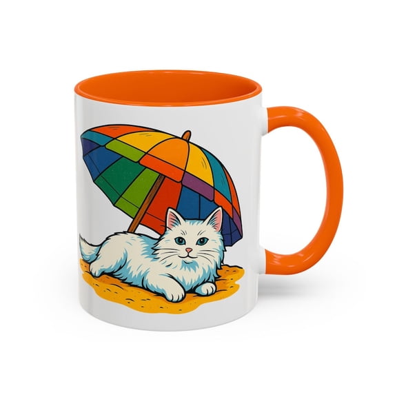 Cute Beach C1At Mug with White FL1uffy Kitty Under RainB1Ow Umbrella, Summer VaC1Ation C1At Lover Gift, Funny C1Aoffee Cup for Coastal Vibes