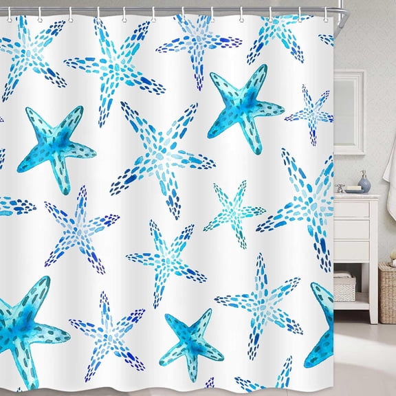 Cute Beach Starfish Shower Curtain, Watercolor Blue and White Fabric Shower Curtains, Abstract Nautical Ocean Sea Life Bath Curtains, 72 x 72 Inches