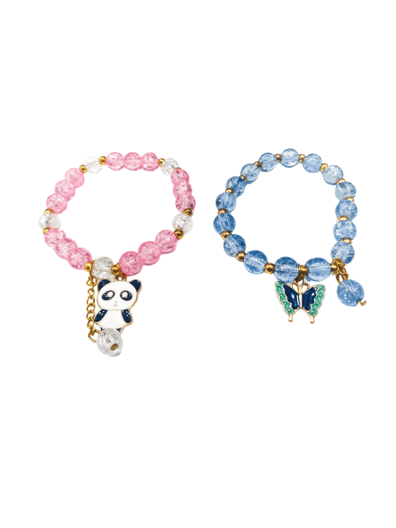 Cute Beaded Bracelet Set of 2 with Panda & Butterfly Charms, Stretch Elastic Crystal Style Jewelry for Women | Daily Wear Fashion Accessories