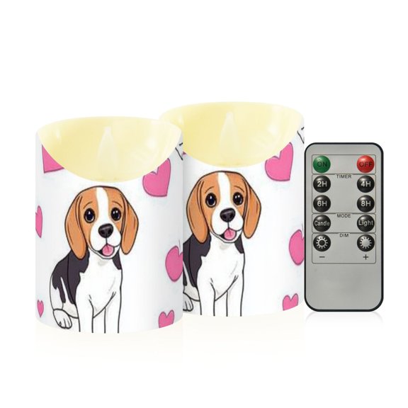 Cute Beagle Dogs Hearts Valentine Flickering Flameless Candles with Remote Timer Battery Operated LED Tealight Set of 2 S