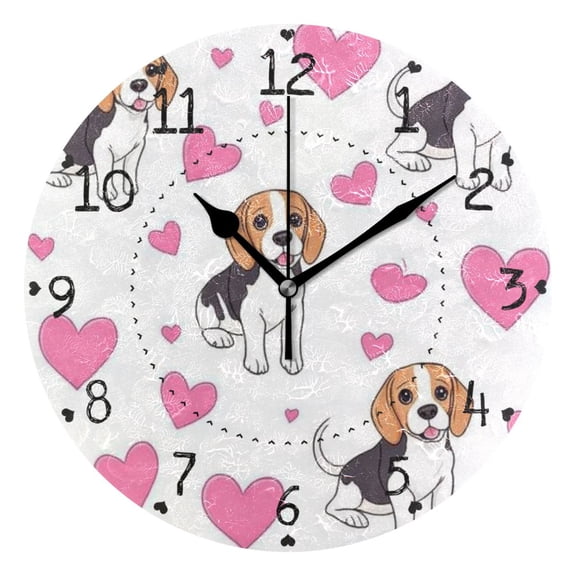 Cute Beagle Dogs Hearts Valentine Round Wall Clock Silent Analog Battery Operated Black Pointer Home Decor 9.84" Diameter