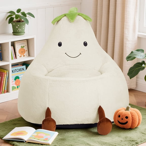 TINKLE WELL Cute Bean Bag Chair, Padded Sofa with Soft Faux Rabbit Fur, Cartoon Style，24in Beige for Boys & Girls