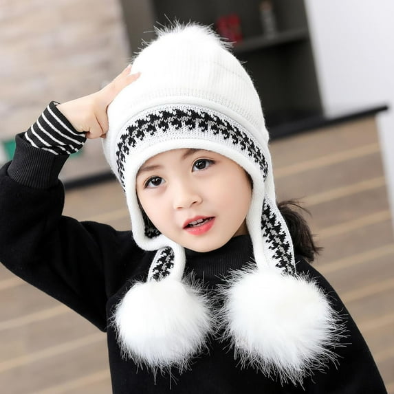 Cute Beanies Hats for Girls Boys with Ear-Flap Straps Pom-Pom Slouch Cap Toddlers Color Block Thermal Warm Chunky Knitted Ski Snow Hat