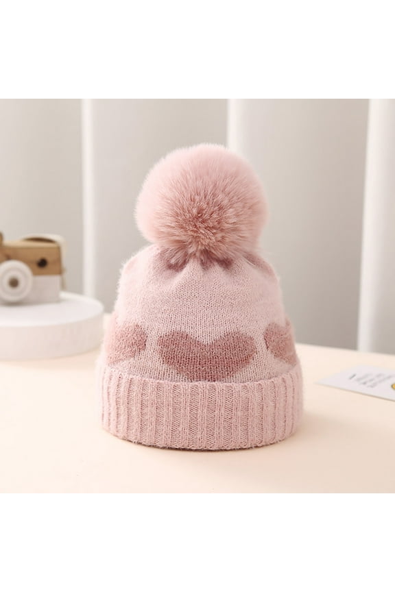 Cute Beanies Hats for Newborn Boys Girls with Pom-Pom 0-12M Infants Trendy Heart-Graphic Thermal Warm Chunky Knitted Slouch Cap Winter Hat