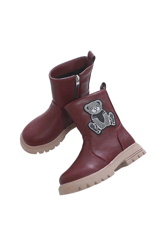 Cute Bear Ankle Boots for Kids Girls, Side Zipper Riding Shoes Lug Sole Low Heel Booties Winter Casual Boot PU Leather Boots Waterproof Combat Shoes for School, Indoor, Outdoor