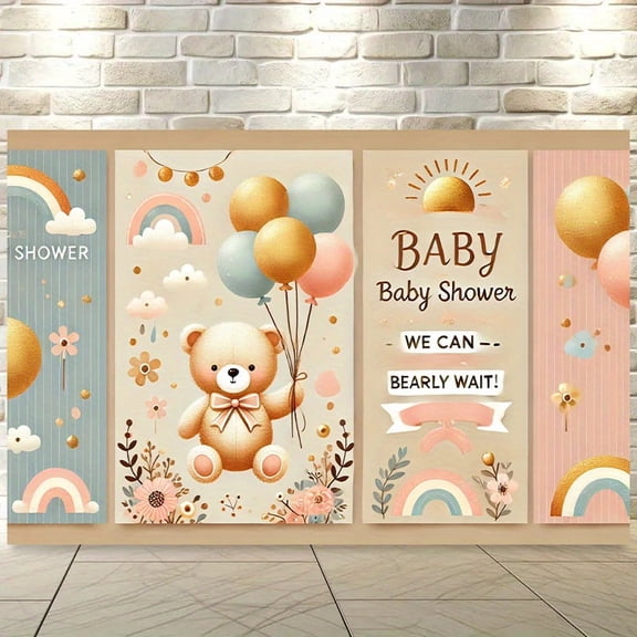 Cute Bear Baby Shower Backdrop We Can Barely Wait Photography Background Colorful Floral Balloons Rainbow Newborn Shower Birthday Party Decorations Banner Supplies Photo Booth Props