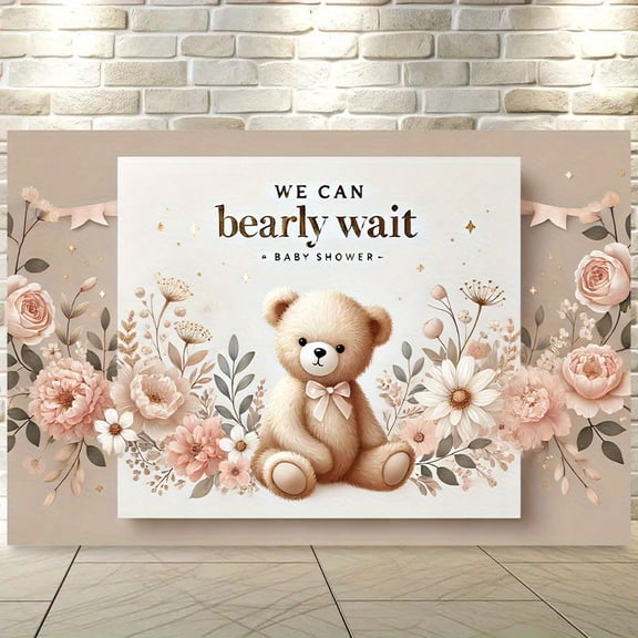 Cute Bear Baby Shower Backdrop We Can Barely Wait Photography Background Soft Pink Floral Bear Newborn Shower Birthday Party Decorations Banner Supplies Photo Booth Props