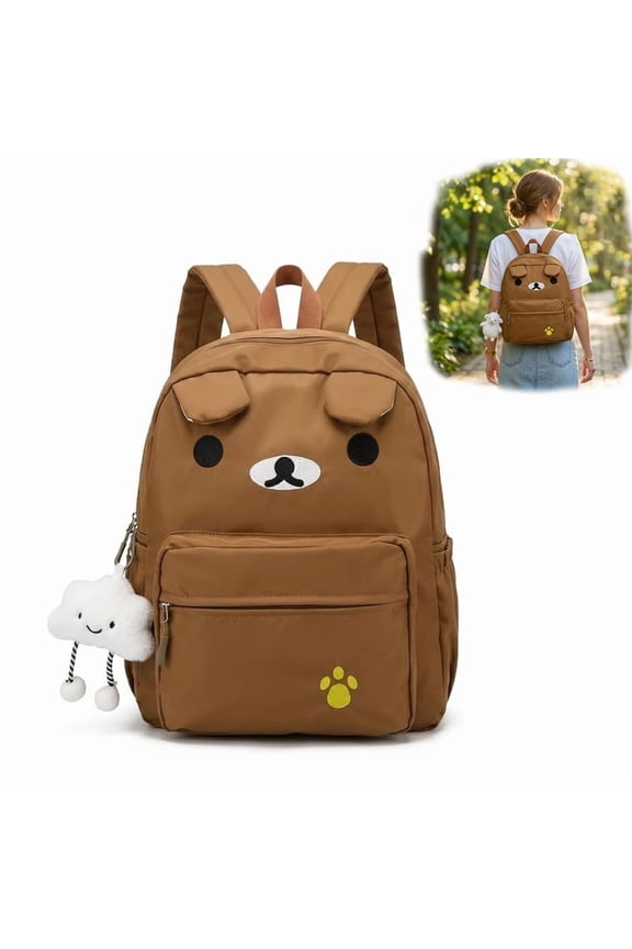 Cute Bear Backpack for Women Nylon Cartoon Kawaii Daily Bag Lightweight Travel Daypack with Soft Cloud Pendant