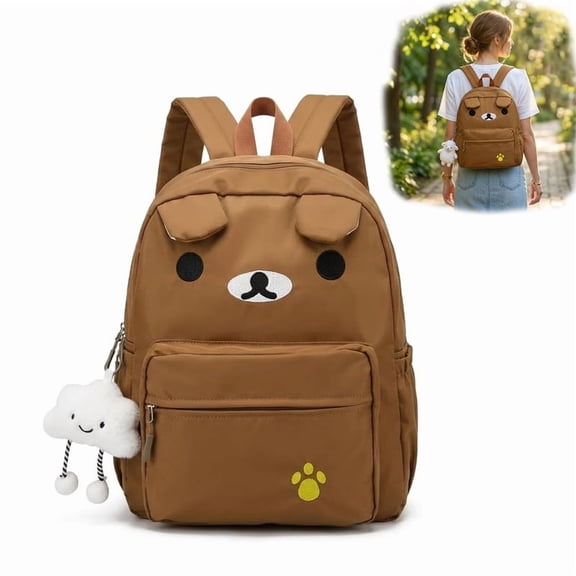 Cute Bear Backpack for Women Nylon Cartoon Kawaii Daily Bag Lightweight Travel Daypack with Soft Cloud Pendant