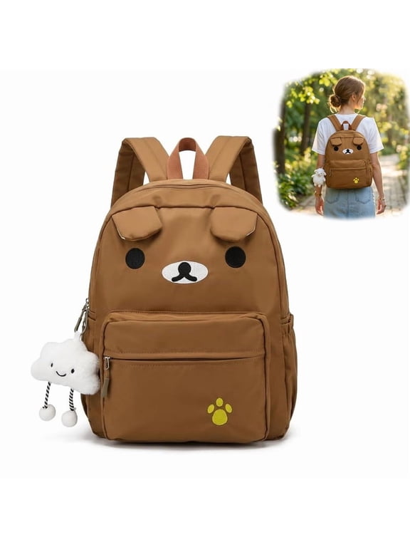 Cute Bear Backpack for Women Nylon Cartoon Kawaii Daily Bag Lightweight Travel Daypack with Soft Cloud Pendant