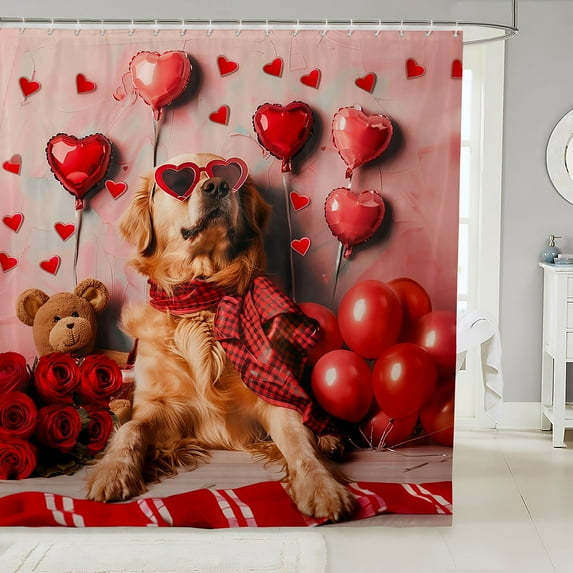 Cute Bear Balloon Shower Curtains,Red Rose Blossoms Bath Curtain,Cute Dog Cloth Fabric Bathroom Decor Set with Hooks,84" Long
