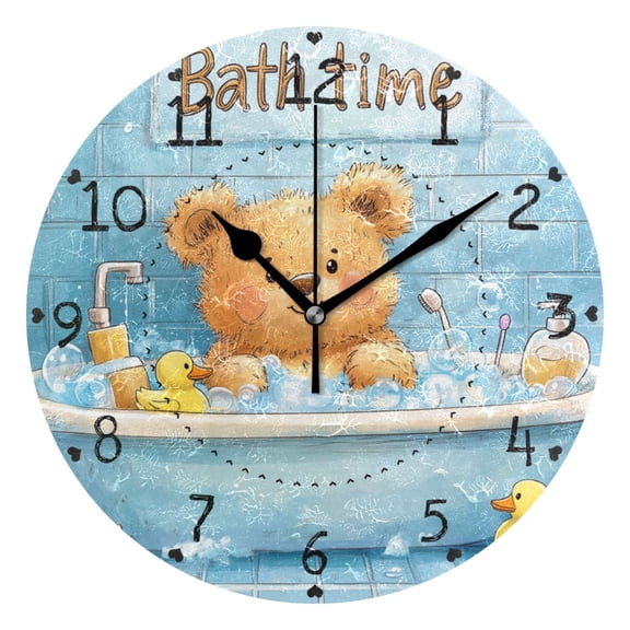 Cute Bear Bath Time Round Wall Clock Silent Analog Battery Operated Black Pointer Home Decor 9.84" Diameter