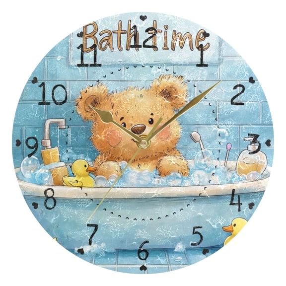 Cute Bear Bath Time Round Wall Clock Silent Analog Battery Operated Gold Pointer Home Decor 9.84" Diameter