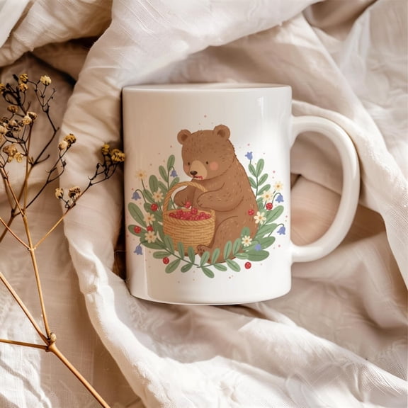 Cute Bear Berry Picking Mug, Cottagre Animal Gift, Woodland Bear Cub Mug, Nature Lover Gift.