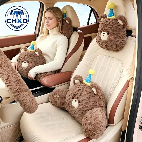 Cute Bear Car Headrest Lumbar Support Pillow Set 2 PCS, Plush Neck Cushion Back Support for Vehicle Seats Auto Interior Accessories