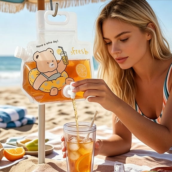 Cute Bear Cartoon Print 1Gallon Collapsible PE Drink Storage Bag,Rotatable Spigot Spout & Top Carry Handle Leakproof Beverage Pouch,For Camping Beach Picnic Homemade Iced Tea Storage