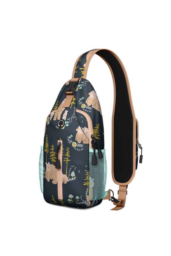 Cute Bear Cartoon Print Sling Backpack, Lightweight Crossbody Daypack with Polar and Brown Bear Forest Pattern, Winter Hunting Wild Design, Artistic Aesthetic Anti-theft Travel Bag for Outdoor, Gym, D