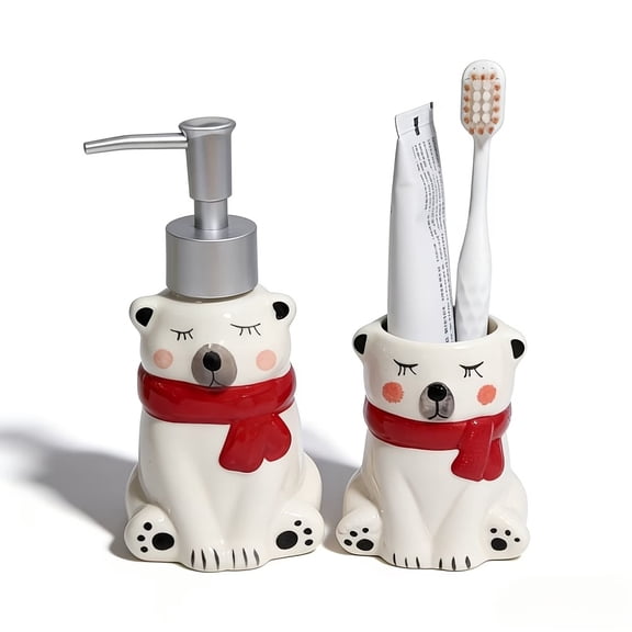Cute Bear Ceramic Bathroom Decor Set - Adorable Bath Accessory Kit with Lotion Dispenser and Toothbrush Holder for Home and Hotel