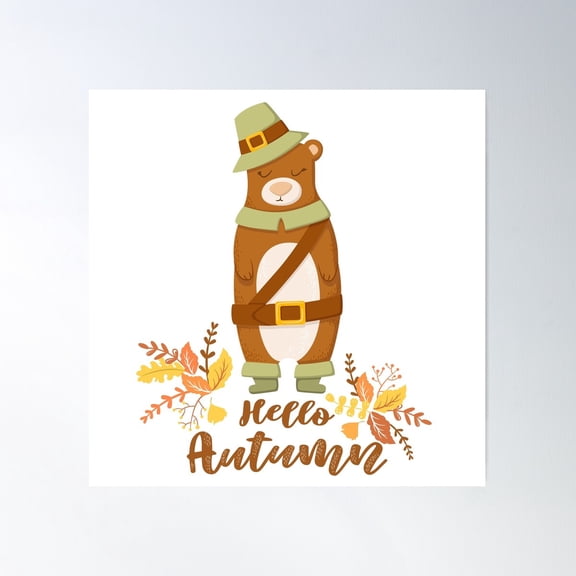 Cute Bear Character, Lettering And Autumn Leaves Poster Wall Art, Modern Wall Decor For Living Room Bedroom, 16X16 UNFRAMED