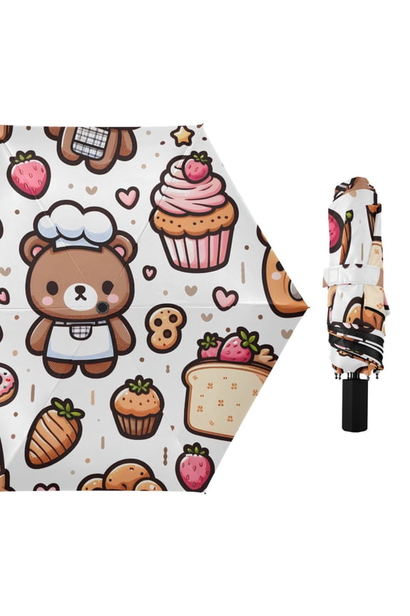 Cute Bear Chef with Bread Compact Sun Umbrella Windproof Travel Umbrellas for Rain Strong Portable UV Protection