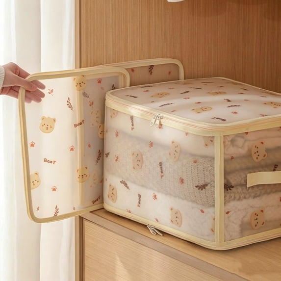 Cute Bear Clear Clothes Storage Bin,Foldable Zipper Fabric Organizer with Side Handle,Stackable Dustproof Closet Container for Bedroom Dorm Shelf Use,6x12x6 Inch