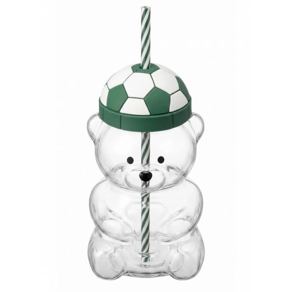 Cute Bear Cup, 20oz Glass Bear Cold Mug with Straw, Bear-Shaped Glass with Green Soccer Beanie Lid, For Iced & Hot Coffee, Perfect Holiday Gift