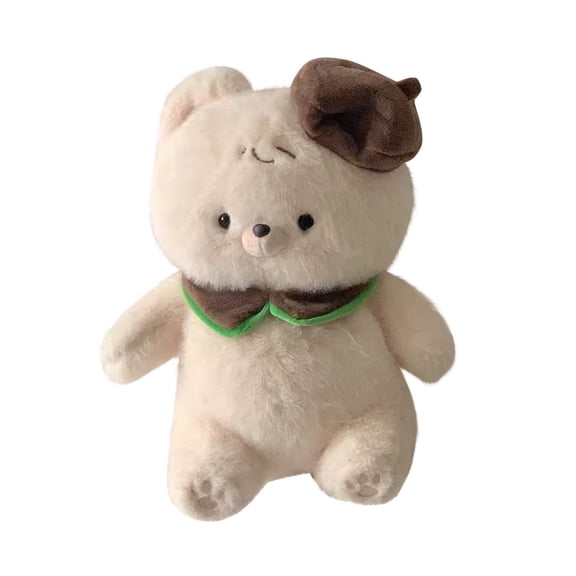 Cute Bear Doll Plush Stuffed Animal Brown Gray Design With Hat Green Collar Soft Huggable Material Comfortable For Parent Child Interaction Great Gift For Kids High Quality Durable Home Decor