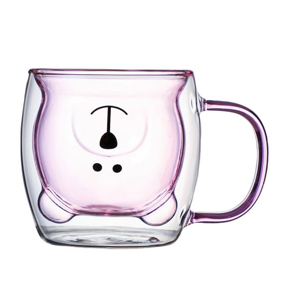 Cute Bear Double Wall Insulated Glass Mug with Handle, 8.5oz Milk Tea Coffee Cup, Birthday Valentine Gift for Kids, Adults, Home Use, Dishwasher Safe,Pink